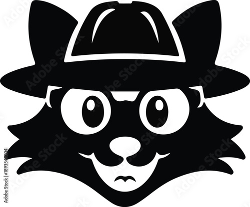 Detective raccoon icon with hat and glasses, Black silhouette of a raccoon wearing hat and glasses, symbolizing detective, spy, mystery, investigation, and playful character concepts.

