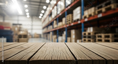 Wallpaper Mural Wooden table in a warehouse with shelves and boxes Torontodigital.ca