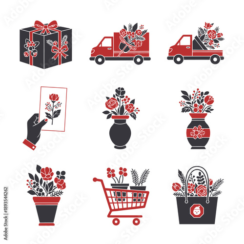 A set of six striking flat duotone icons symbolizes holiday floral delivery and packaging services, depicting a gift box, delivery vehicle, greeting card, and potted plants in minimalist geometric sty