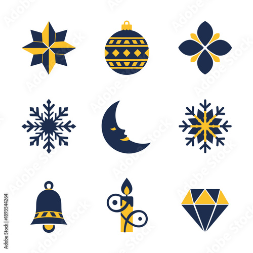 A unified set of abstract festive duotone graphic icons featuring nine geometric shapes like a star, snowflake, and ornament, rendered in bold Navy Blue and Bright Gold on a clean white background