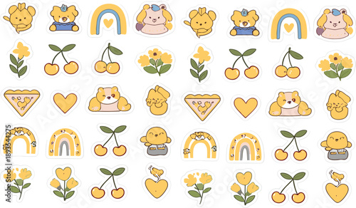 Cute kawaii sticker set with bears, cherries, hearts and rainbows pastel flat vector illustration for planner and scrapbook design
