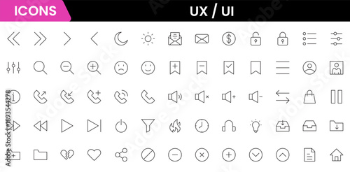 UX UI icons depicting user experience design, interfaces, wireframes, usability, prototyping, interaction, layouts, testing, accessibility.
