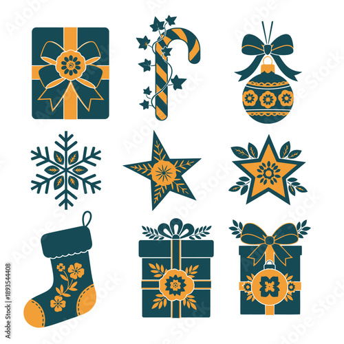 Eight professional flat graphic icons featuring minimalist duotone Christmas decorations and festive gifts adorned with stylized florals in bold teal and warm golden yellow