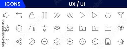UX UI icons depicting user experience design, interfaces, wireframes, usability, prototyping, interaction, layouts, testing, accessibility.
