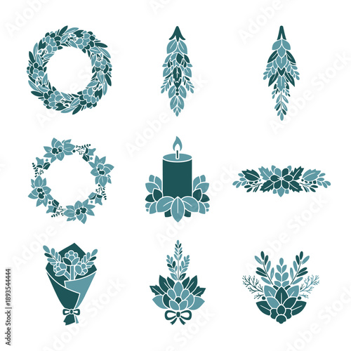 Elegant stylized floral graphic icons showcase minimalist Christmas arrangements like round wreaths, a hanging garland, and winter foliage clusters rendered in cool light blue and dark teal