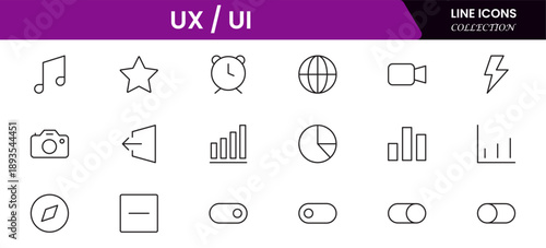 UX UI icons depicting user experience design, interfaces, wireframes, usability, prototyping, interaction, layouts, testing, accessibility.

