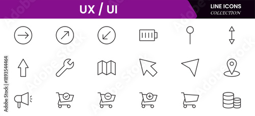 UX UI icons depicting user experience design, interfaces, wireframes, usability, prototyping, interaction, layouts, testing, accessibility.
