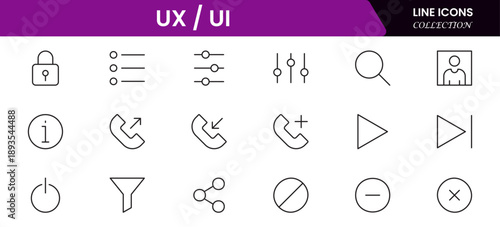 UX UI icons depicting user experience design, interfaces, wireframes, usability, prototyping, interaction, layouts, testing, accessibility.

