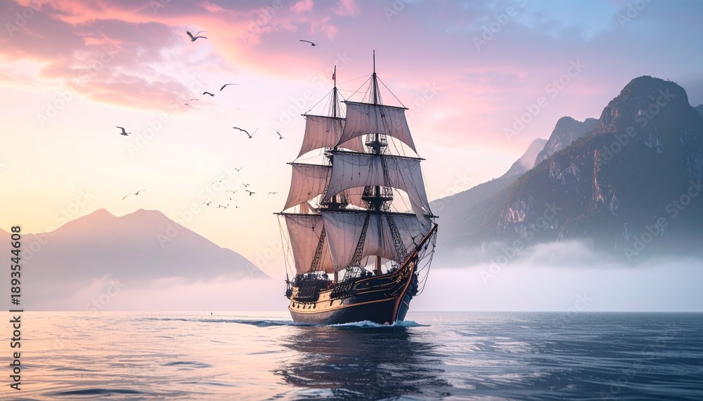 Fototapeta premium Majestic Sailing Ship at Sunrise with Misty Mountains and Birds