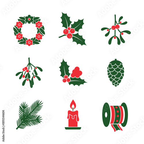 Minimalist geometric duotone graphic illustration of seven traditional holiday decorations including a Christmas wreath, pine bough, candle, and berry holly set in red and forest green