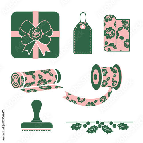 Professional duotone flat illustration set of six essential gift wrapping objects present, ribbon, stamp , using a striking Emerald Green and Pale Pink color scheme for packaging preparation