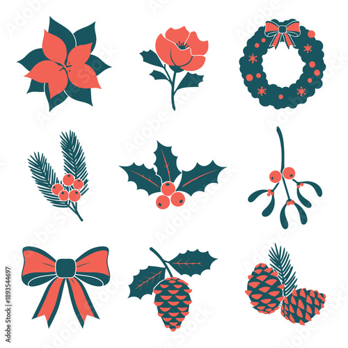 Professional duotone graphic icons feature a set of seven festive winter floral illustrations poinsettia, mistletoe, wreath in a minimalist geometric style, utilizing deep teal and bright coral colors