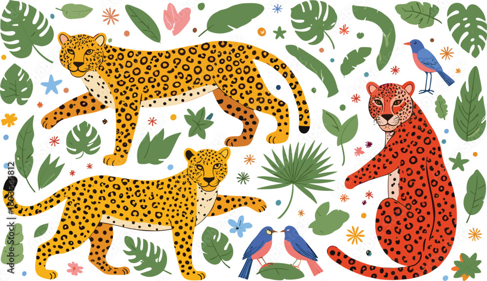 Fototapeta premium Cute Leopard And Jaguar Jungle Animals Vector Illustration With Tropical Leaves Flowers And Birds