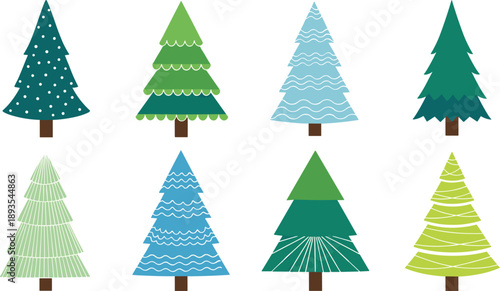 Stylized Christmas Tree Illustration Set with Modern Flat and Patterned Designs for Holiday Decor, Winter Graphics, Greeting Cards, and Festive Visual Projects