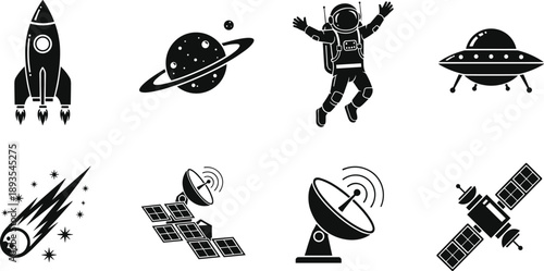 Set of black vector space silhouettes including rocket astronaut planet ufo satellite and comet icons isolated on white background for astronomy design elements