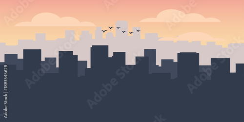 Two layer city silhouette illustration. Bold foreground skyline with softer distant city layer. Wide pastel sky and thin cloud band. Calm cinematic urban stillness scene.