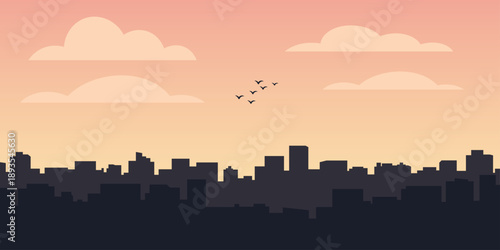 Low rise city skyline silhouette illustration. Soft morning sky with drifting clouds. Sparse birds rising above the buildings. Calm urban awakening scene.