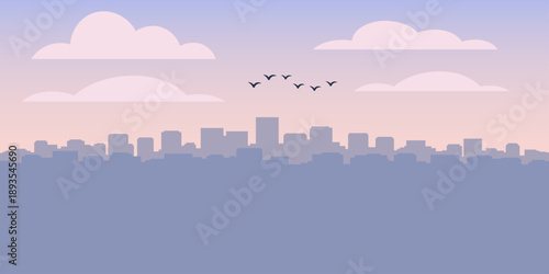 Continuous city skyline silhouette illustration. Flat rectangular buildings stretching edge to edge. Wide pastel sky with faint clouds and distant birds. Ultra minimal graphic urban scene.