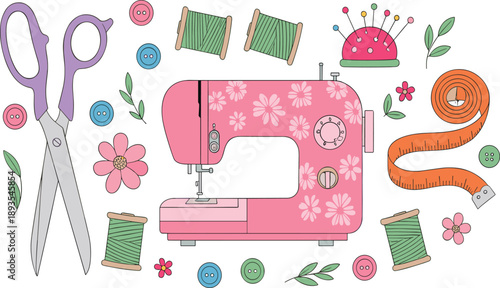 Cute sewing machine vector illustration with scissors, buttons, thread spools and measuring tape for craft and handmade design