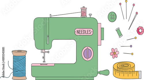 Cute sewing machine vector illustration with needles, thread, buttons and measuring tape for craft, tailoring and handmade design