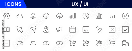 UX UI icons depicting user experience design, interfaces, wireframes, usability, prototyping, interaction, layouts, testing, accessibility.
