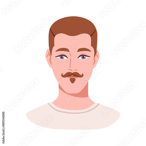 Man portrait, face avatar. Handsome male character with soul patch beard, curled handlebar moustache. Modern groomed person, user profile. Flat vector illustration isolated on white background