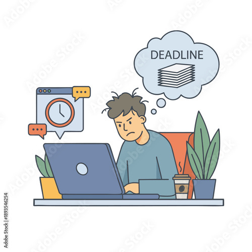 Stressed worker at desk with laptop thinking of deadline papers, time pressure and work stress concept, flat vector illustration.
