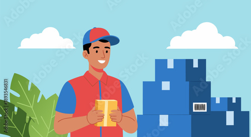 Happy Delivery Person Holding Package in Vector Illustration for Shipping and Logistics Services