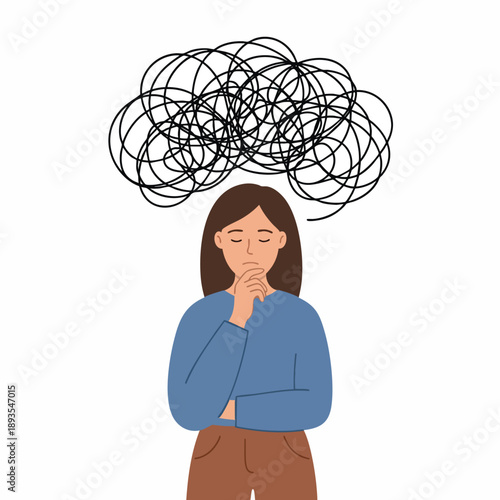 Woman with messy scribble thought cloud above head, anxiety, confusion and overthinking mental health concept, flat vector illustration.
