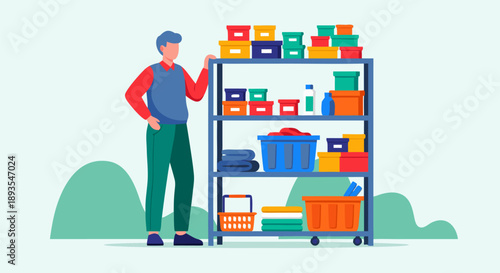 Man Organizing Shelves with Boxes and Baskets, A Colorful Vector Illustration