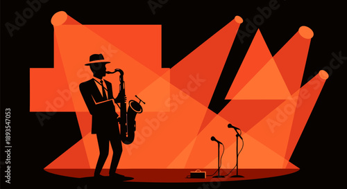 Saxophone player in spotlight illustration, vector art, jazz music, solo performance, elegant silhouette