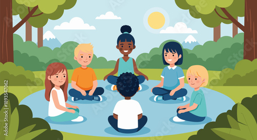 Diverse group of children sitting in a circle enjoying an outdoor activity, vector illustration