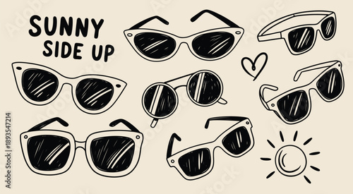 Various Sunglasses Vector Set Featuring Sketchy Grunge Style Frames in Different Shapes, Plastic and Metal Designs, Hand Drawn Modern Illustration for Summer Fashion Accessories and Sun Protection