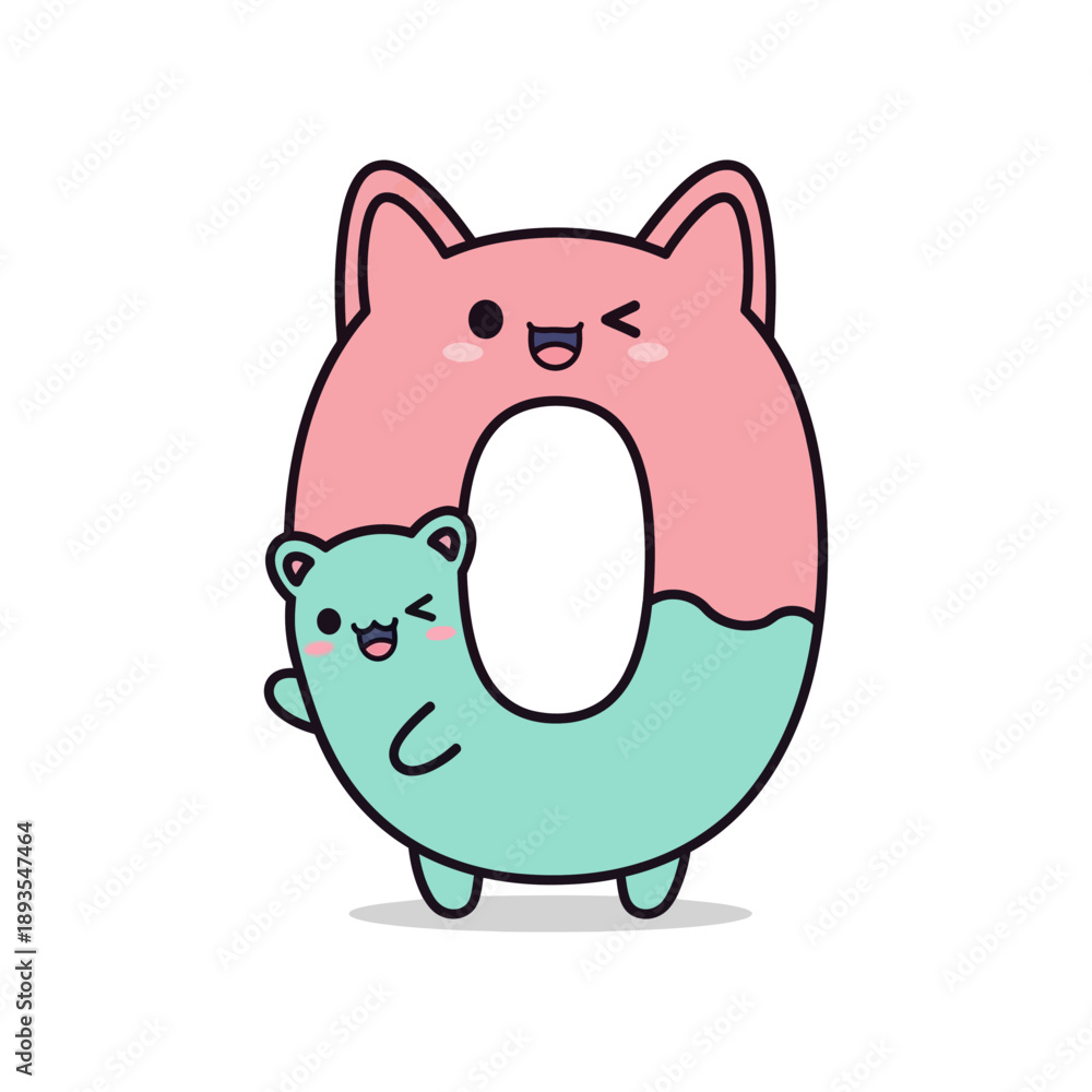 Fototapeta premium Cartoon illustration of a pink cat and green bear forming a donut shape with cute facial expressions