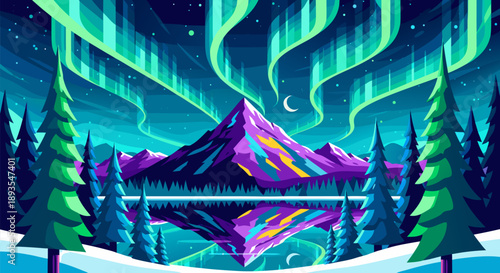 Enchanting Aurora Borealis Over Snowy Mountains A Vibrant Vector Illustration