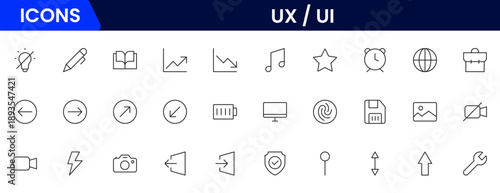 UX UI icons depicting user experience design, interfaces, wireframes, usability, prototyping, interaction, layouts, testing, accessibility.
