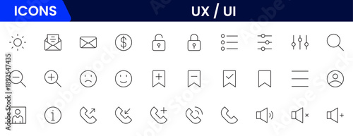 UX UI icons depicting user experience design, interfaces, wireframes, usability, prototyping, interaction, layouts, testing, accessibility.

