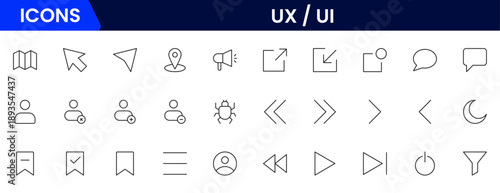 UX UI icons depicting user experience design, interfaces, wireframes, usability, prototyping, interaction, layouts, testing, accessibility.
