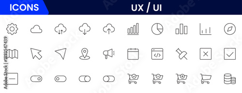 UX UI icons depicting user experience design, interfaces, wireframes, usability, prototyping, interaction, layouts, testing, accessibility.
