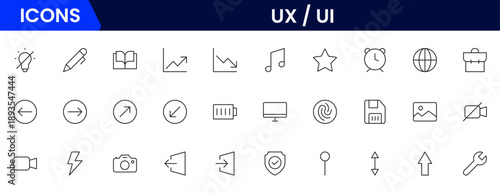 UX UI icons depicting user experience design, interfaces, wireframes, usability, prototyping, interaction, layouts, testing, accessibility.
