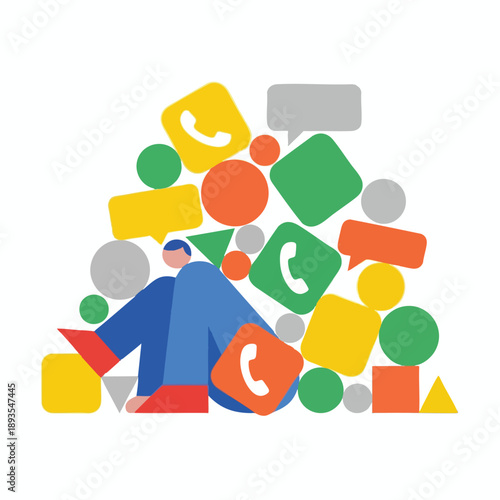 Person overwhelmed by many chat and phone icons, digital communication overload and social media stress concept, flat vector illustration.
