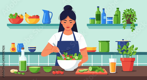 Healthy eating vector illustration of a woman preparing a fresh salad in a kitchen
