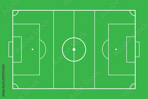 A vibrant top-down vector illustration of an empty green soccer football field pitch with clear white lines.
