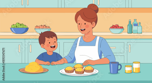 Happy mother and son baking cupcakes together in the kitchen, vector illustration