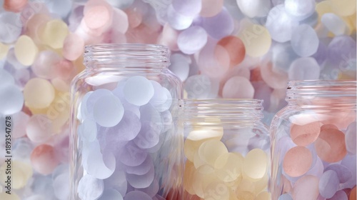 Three glass jars with lids, filled with colorful confetti. the jars are arranged in a row, with the largest jar on the left and the two smaller ones on the right.