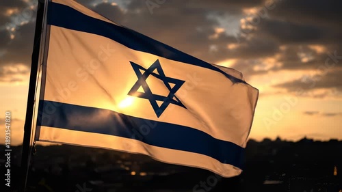 Israeli flag waving at sunset sky