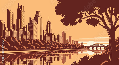 Cityscape Vector Illustration of a Riverfront Skyline with a Bridge and Lush Trees in a Warm Golden Hour Hue