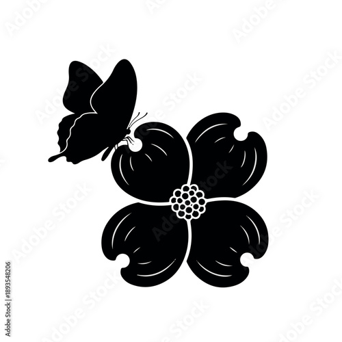 Black silhouette of a butterfly on a dogwood flower black and white insect desi