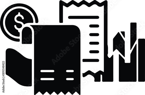 Silhouette financial decline concept with dollar coin bill and broken graph illustration vector