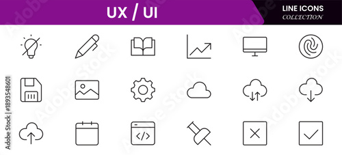 UX UI icons depicting user experience design, interfaces, wireframes, usability, prototyping, interaction, layouts, testing, accessibility.
